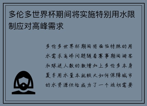 多伦多世界杯期间将实施特别用水限制应对高峰需求